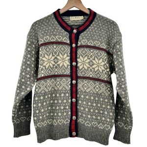 Vintage 80s L.L. Bean Wool Sweater Button Front Cardigan Fair Isle Gray USA | M